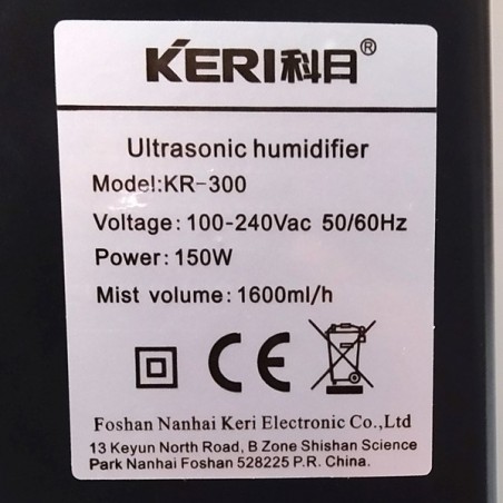 Humidificador de Pared Super Grower 1,6L/h etiqueta con especificaciones